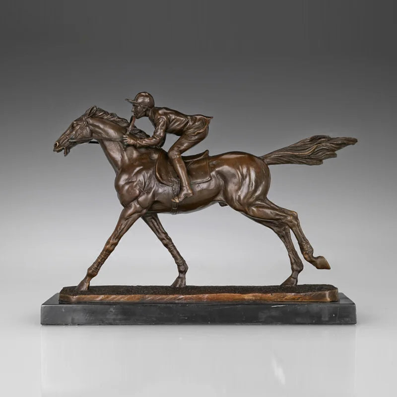 Horse Racing Man Statue Sport Sculpture Real Bronze Marble Base Classy Office Decoration Birthday Gifts