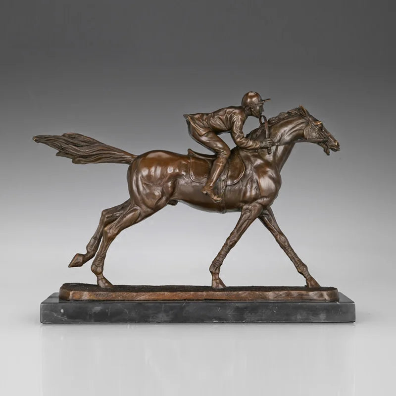 Horse Racing Man Statue Sport Sculpture Real Bronze Marble Base Classy Office Decoration Birthday Gifts