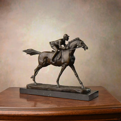 Horse Racing Man Statue Sport Sculpture Real Bronze Marble Base Classy Office Decoration Birthday Gifts