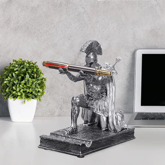 Magnetic Pen Holder For Desk, Knight Pen Holder Cool Desk Accessories, Roman Commander Kneeling Pencil Holders Finish Statue