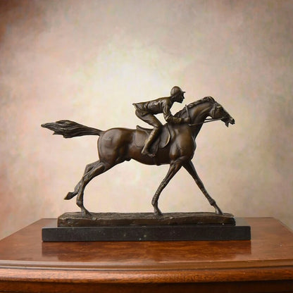 Horse Racing Man Statue Sport Sculpture Real Bronze Marble Base Classy Office Decoration Birthday Gifts