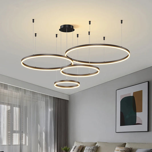 Modern LED Chandelier - Brushed Gold & Black Rings